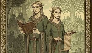 Elfi maschio e femmina che leggono libro e pergamena, simbolo della saggezza e storia elfica