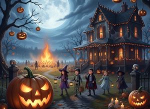Festa di Halloween con bambini mascherati, zucche intagliate e grande Falò Sacro sotto la luna piena di All Hallows' Eve.