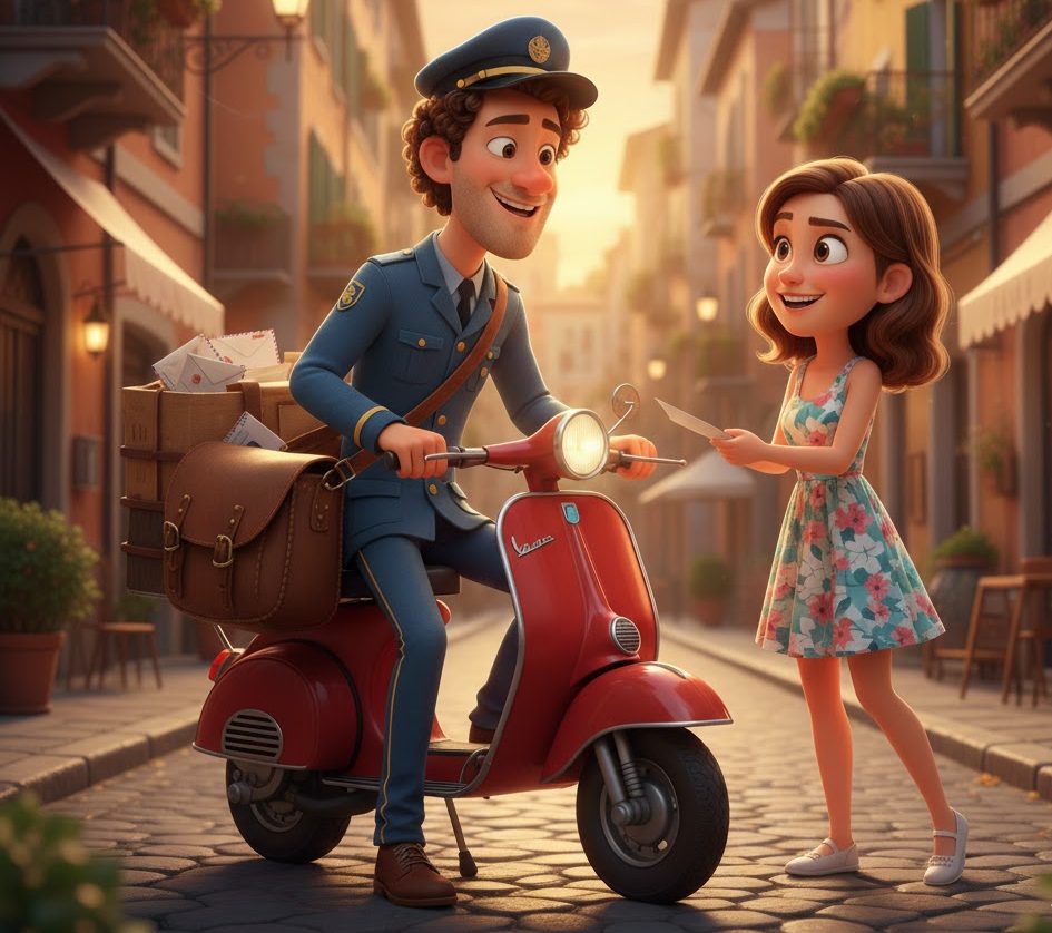 Postino in Vespa e ragazza felice che spediscono una lettera di iscrizione alla newsletter