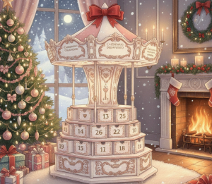 Un elegante Calendario dell'Avvento a forma di casetta bianca con dettagli rosa e oro, posizionato in un accogliente salotto natalizio vicino a un albero decorato e un camino acceso.