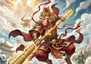 Sun Wukong, il Re Scimmia, in armatura rossa e dorata con il bastone magico Ruyi Jingu Bang in mano, su una nuvola.