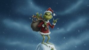 Il Grinch con il cappello di Babbo Natale e un sacco di regali rubati, simbolo della moderna figura del "ladro di Natale" descritta nel libro di Dr. Seuss, in contrasto con il mito nordico di Grýndja.