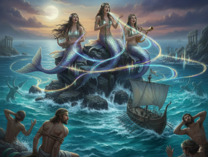 Illustrazione artistica di tre sirene con coda di pesce sedute su uno scoglio in mezzo al mare, mentre incantano con il loro canto e la lira una nave greca e Ulisse legato all'albero maestro. Onde sonore luminose avvolgono la scena.